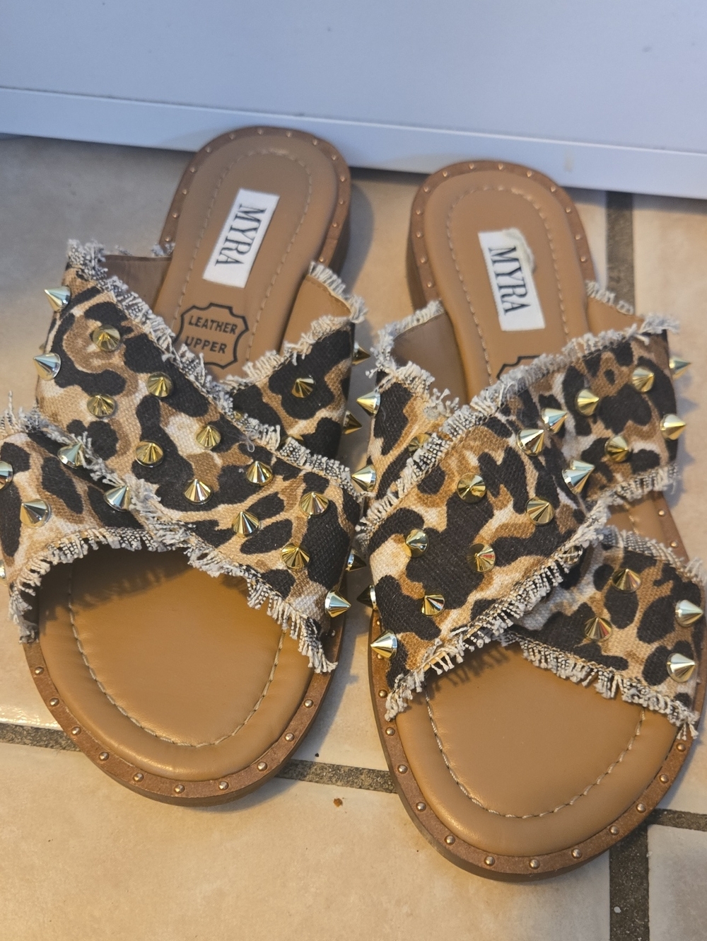 Myra Bag Leopard-Print Studded Crossband Slide Sandals in Tan and Black